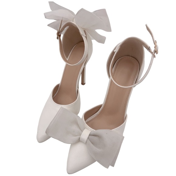 White Pointed Toe Asymmetrical Tulle Bow Stiletto High Heels - Picture 11 of 13